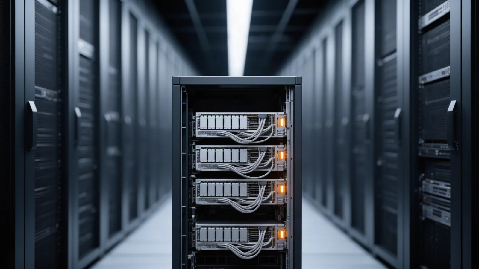 A GPU server rack in a dim datacenter corridor with its side panel removed, exposing memory modules and one amber status light — the shared KV-cache memory at the center of today's Cloudflare disclosure. Illustration: DeAI