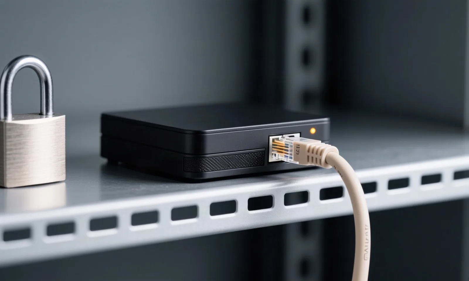 A small network appliance with an amber status LED on a server-room shelf, next to a padlock and a plugged-in ethernet cable, depicting today's lead story on unsanctioned model network calls. Illustration: DeAI
