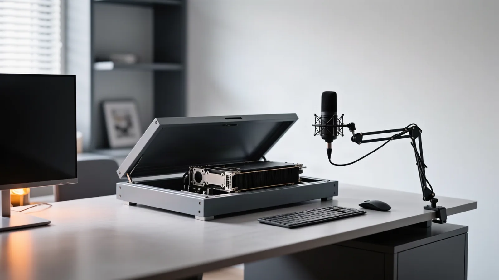 A desktop workstation with a GPU card in an open case and a studio microphone on a boom arm, depicting open-weight speech transcription running on local hardware, the lead story in today's brief. Illustration: DeAI