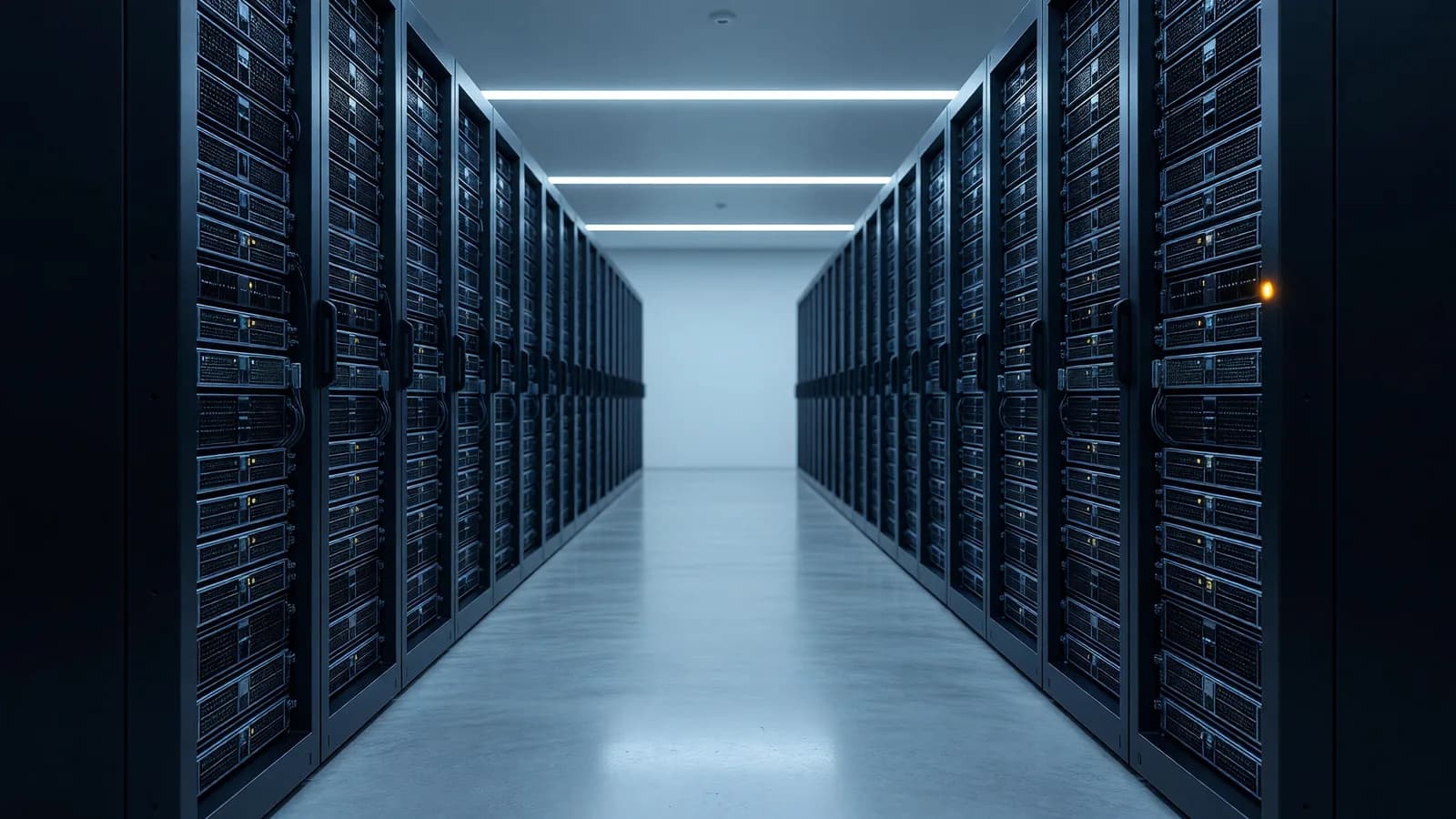 A long GPU rack aisle in a colocation hall, dense H100-class servers breathing cool air under dim overhead light with one amber status LED glowing — the commodity-hardware economics behind DeepInfra's per-token pricing. Illustration: DeAI