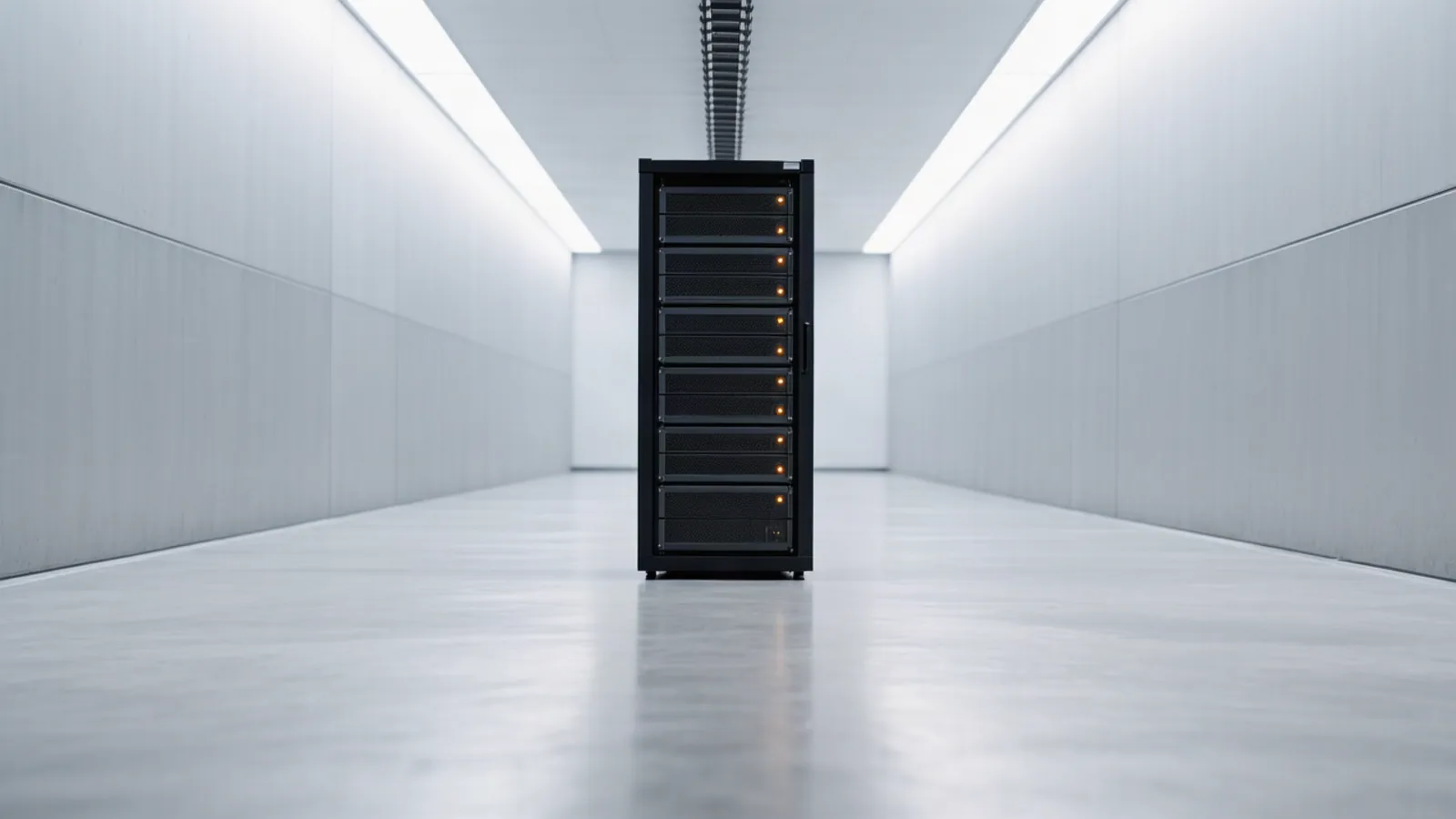A tall black server rack standing alone in a wide datacenter aisle, its amber status lights reflected in the polished floor. Bloomberg reports DeepSeek raised about $15 billion from Tencent and CATL days after a US federal ban on its technology. Illustration: DeAI