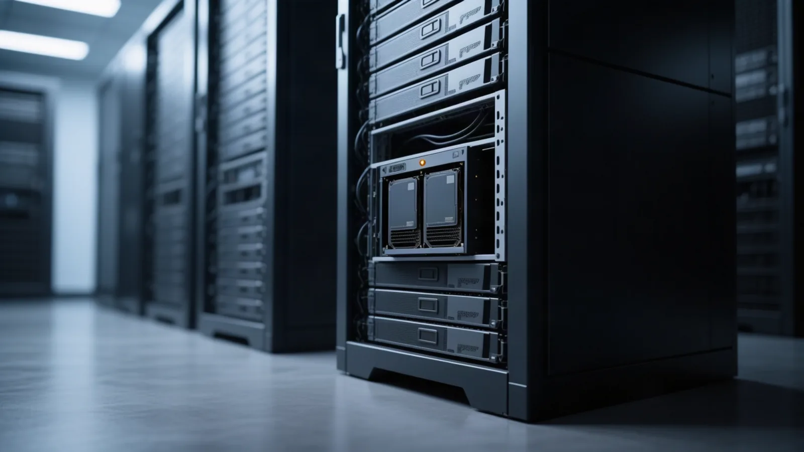 A black server rack with its side panel open, exposing two GPU accelerator modules and a single amber status LED in a dim datacenter aisle. DeepSeek has open-sourced DeepInfer, the Apache-2.0 inference framework that serves its production V4.1-Flash traffic. Illustration: DeAI