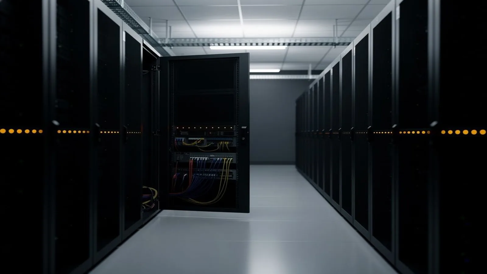 A dim datacenter aisle of GPU server racks with one row of amber status LEDs relabeled mid-run — the serving fleet behind DeepSeek retiring V4-Flash into a silent checkpoint swap. Illustration: DeAI