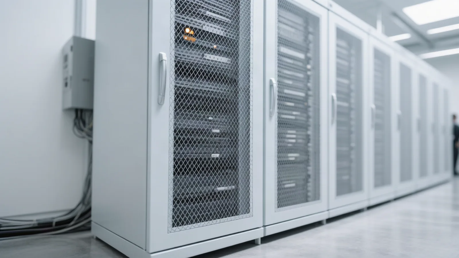 A row of locked server cabinets with mesh doors and small amber status lights in a quiet government datacenter. The Homeland Security Department has ordered federal civilian agencies to remove DeepSeek technology from their IT systems. Illustration: DeAI