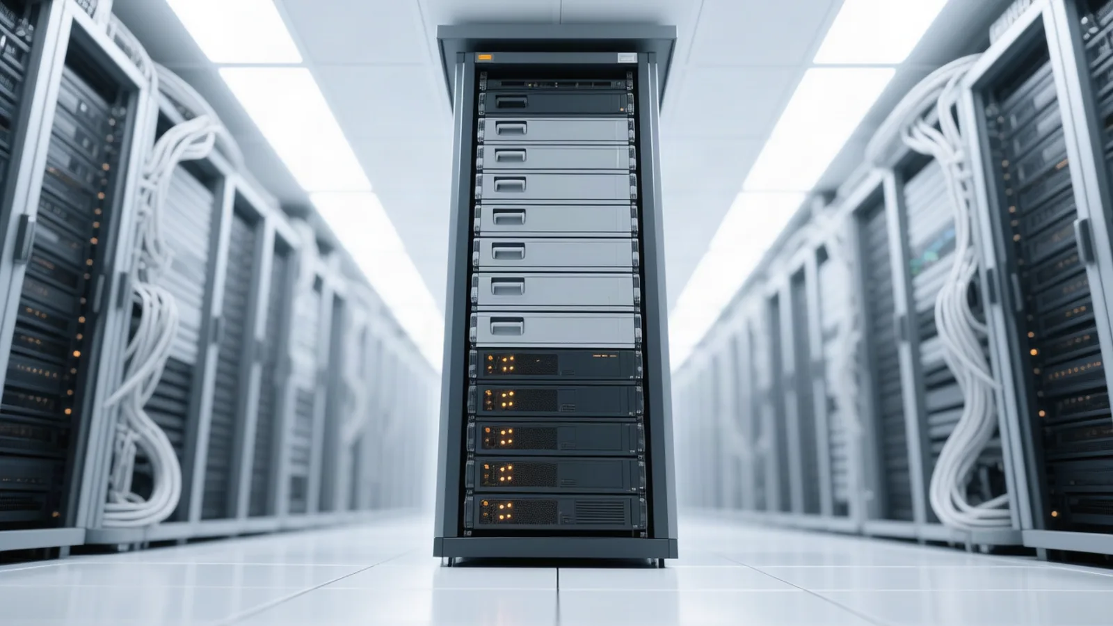A single tall rack server in a clean datacenter corridor with cool white aisle lighting and amber status lights, standing in for the EU-hosted open-weight serving behind Ecosia's switch away from Mistral. Illustration: DeAI