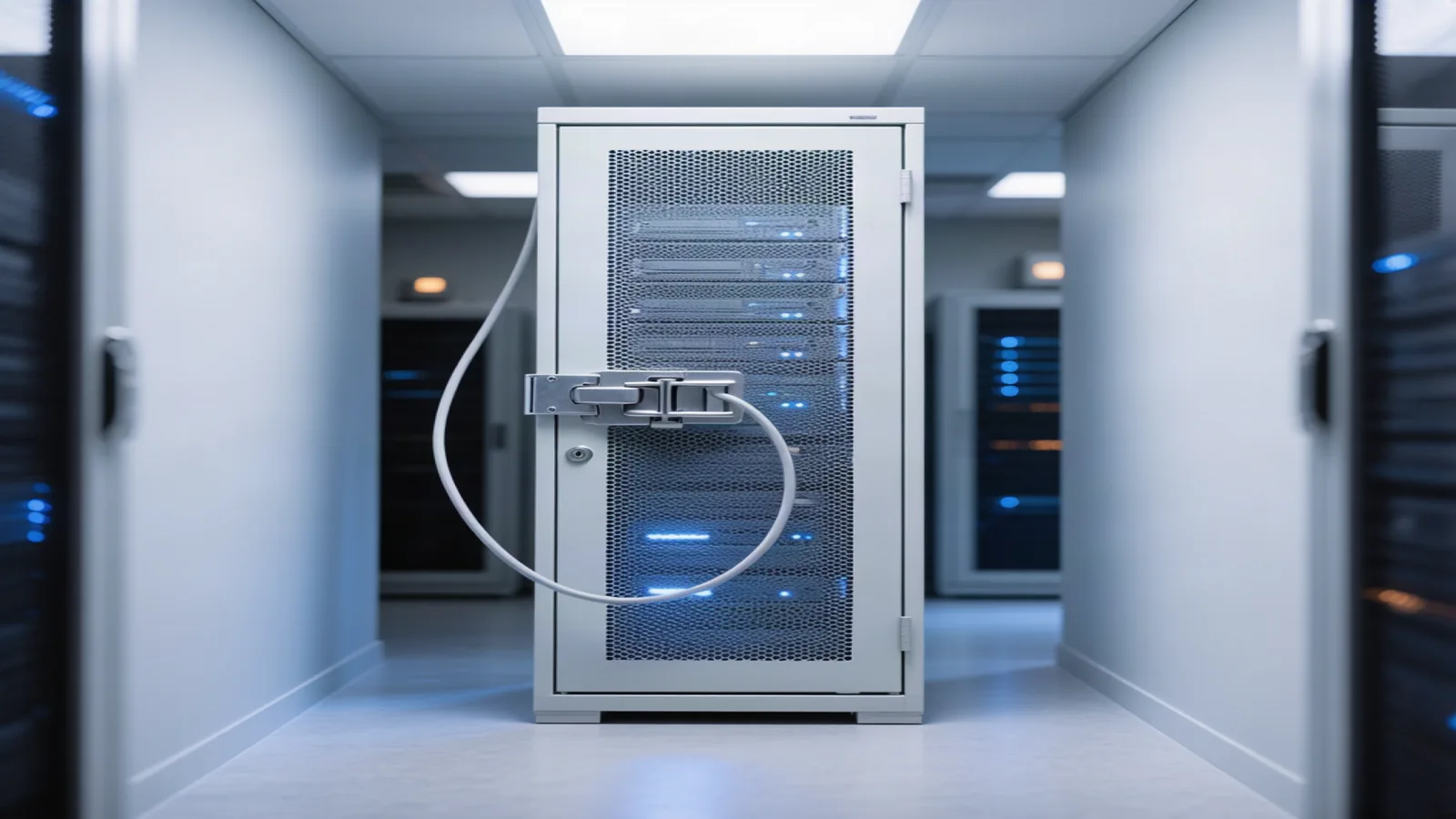 A locked steel server cabinet in a private datacenter room, its mesh door latched shut, depicting Eternal's Dark.ai claim that conversations on fine-tuned open-weight models stay encrypted on infrastructure the company controls. Illustration: DeAI