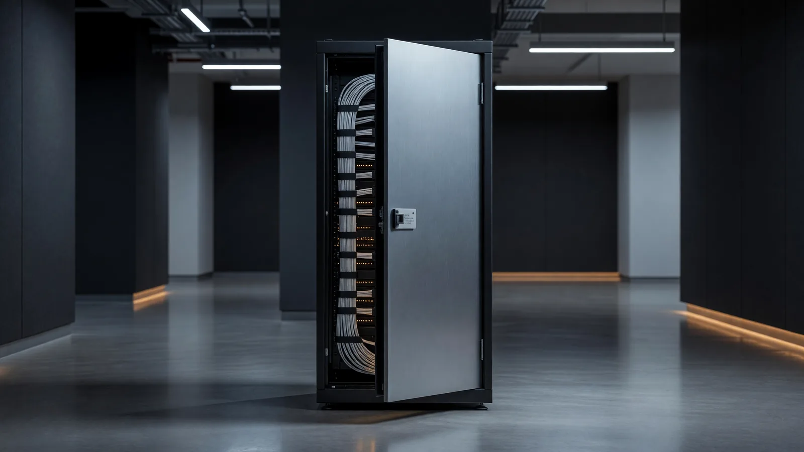 A sealed network cabinet with bundled fiber cables in a dim datacenter corridor, the compliance-tagged hardware behind the EU AI Act's live marking and documentation duties. Illustration: DeAI