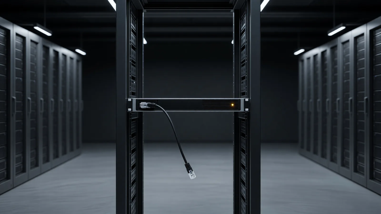 A single rackmount GPU server slid halfway out of its rack in a dark colocation aisle, a loose network cable hanging from its front panel — the kind of rented infrastructure the year-long scan found exposing Ollama to the open internet. Illustration: DeAI