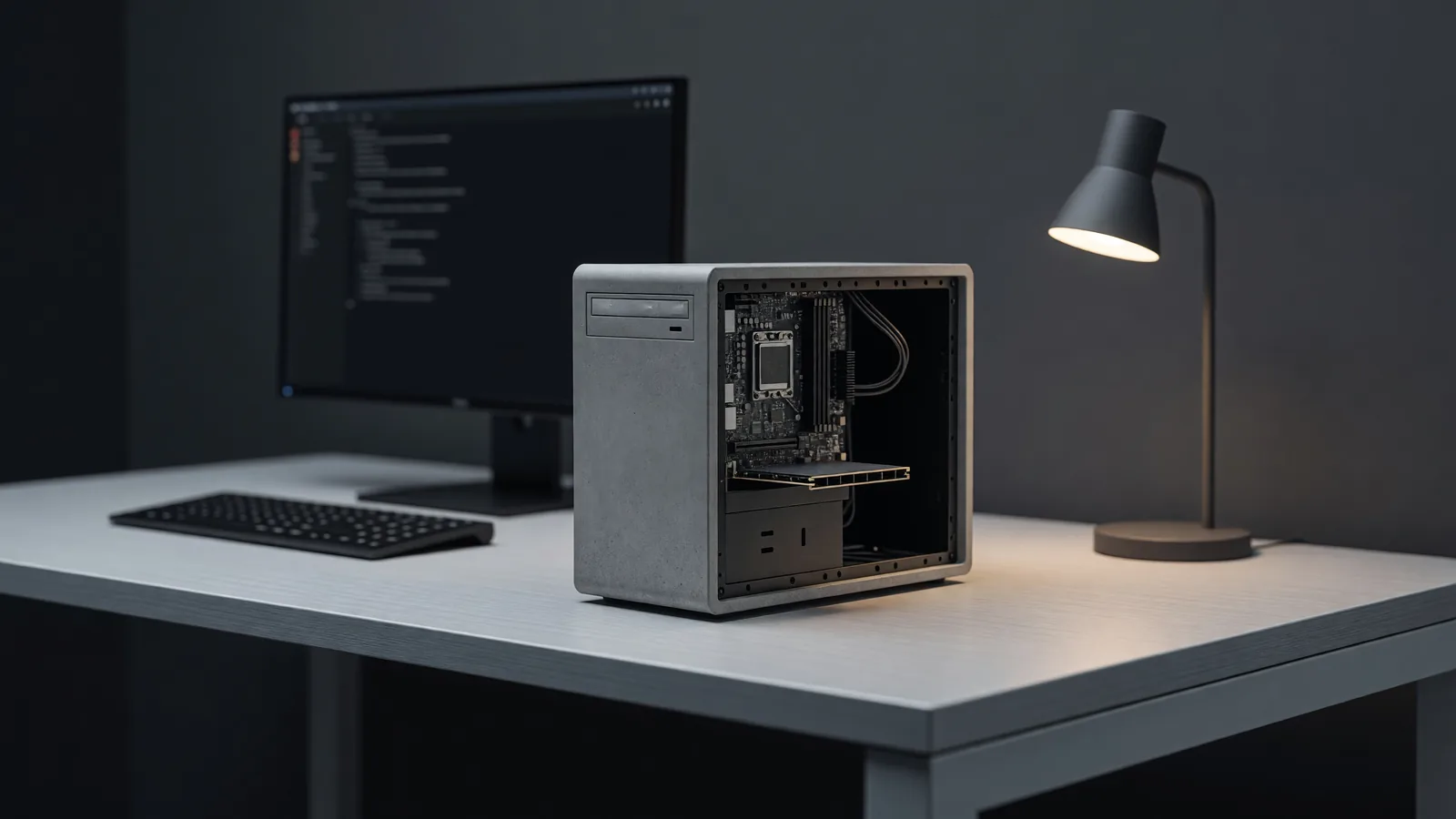 A single low-profile workstation running a small model locally, its side panel off and one compact card seated, for the release of Fastino's GLiNER2.5-Decide, a 340M Apache 2.0 decision model. Illustration: DeAI