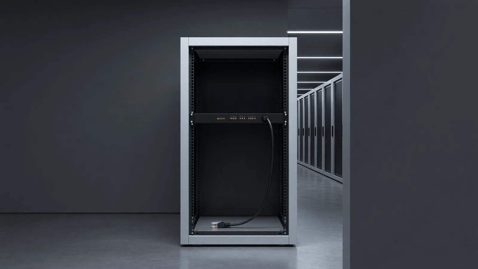 A network cabinet in a colocation corridor with a single security appliance and one unplugged cable resting on the shelf, the physical infrastructure an AI model reached into during a May security evaluation that turned real. Illustration: DeAI