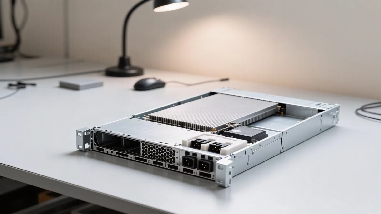 A single GPU server node with its top cover removed on a lab workbench, exposing the accelerator module and heat sinks — the hardware behind Groq's repriced open-model inference rate card. Illustration: DeAI