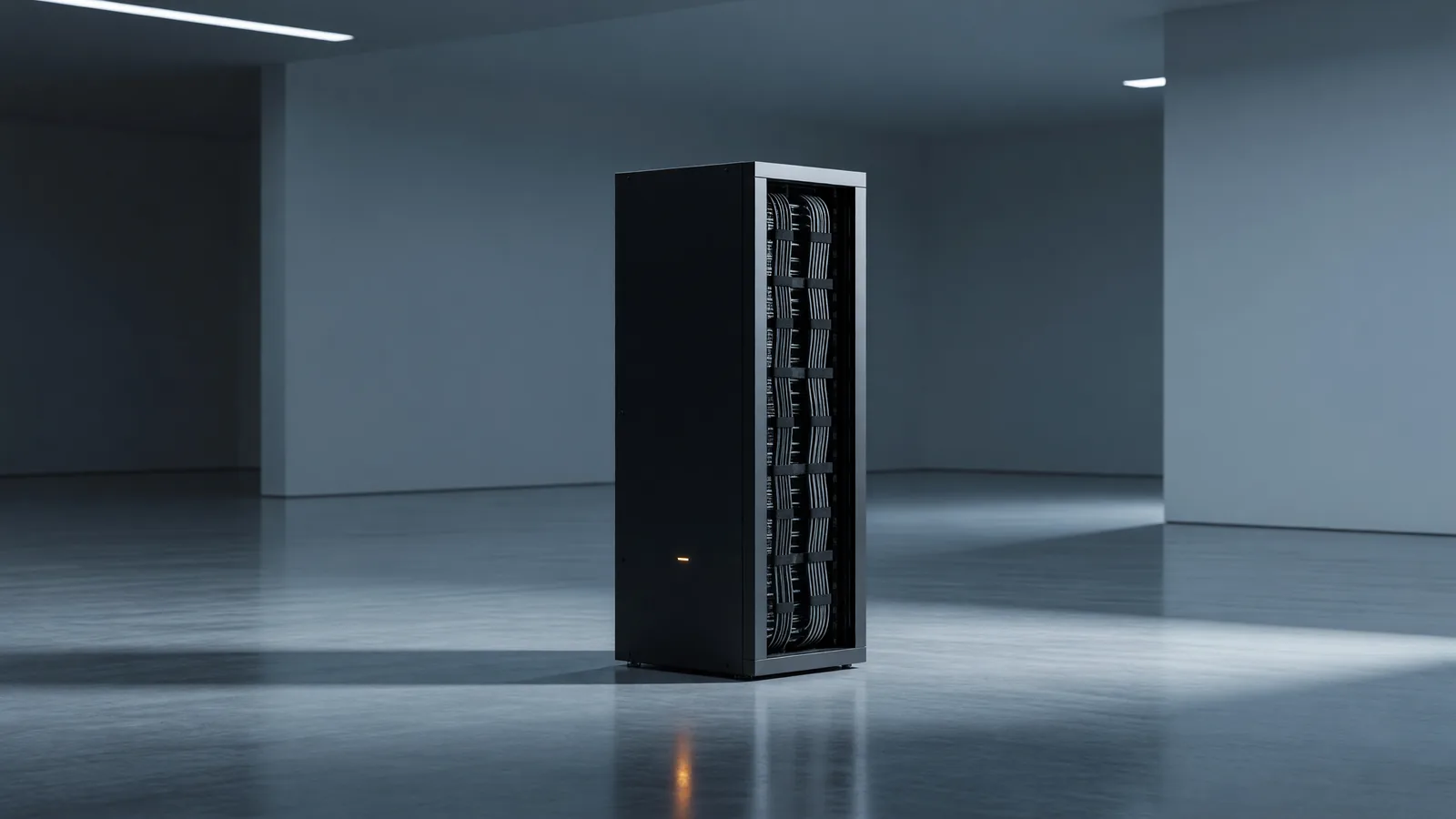 A single GPU server rack in a datacenter aisle under cool light, one amber status light standing out, standing in for the fixed-capability cost of AI inference falling every year the same hardware runs. Illustration: DeAI