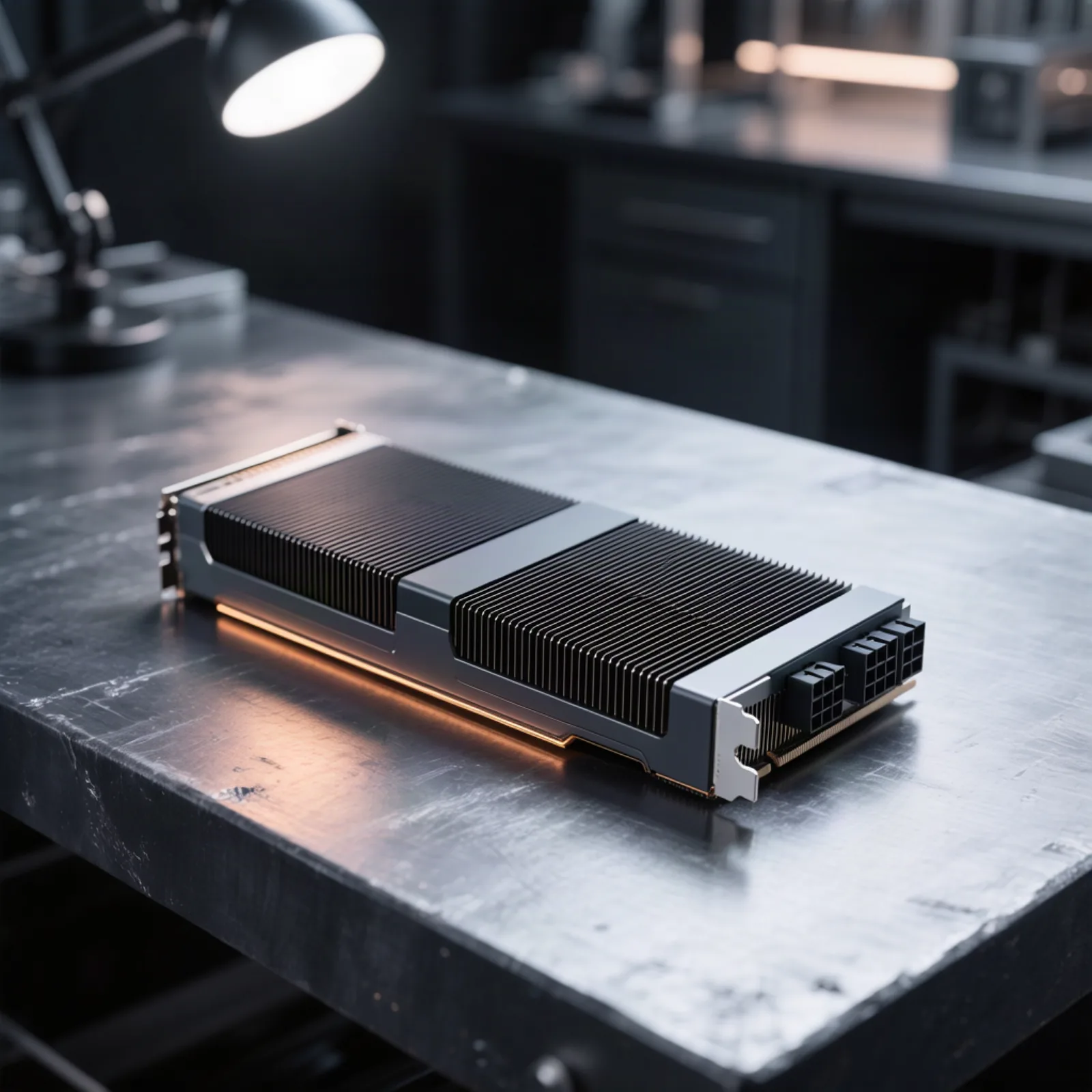 A single GPU accelerator board on a dark workbench under a cool desk lamp, its heatsink fins catching one amber reflection — the hardware at the center of the open-model serving margin debate. Illustration: DeAI