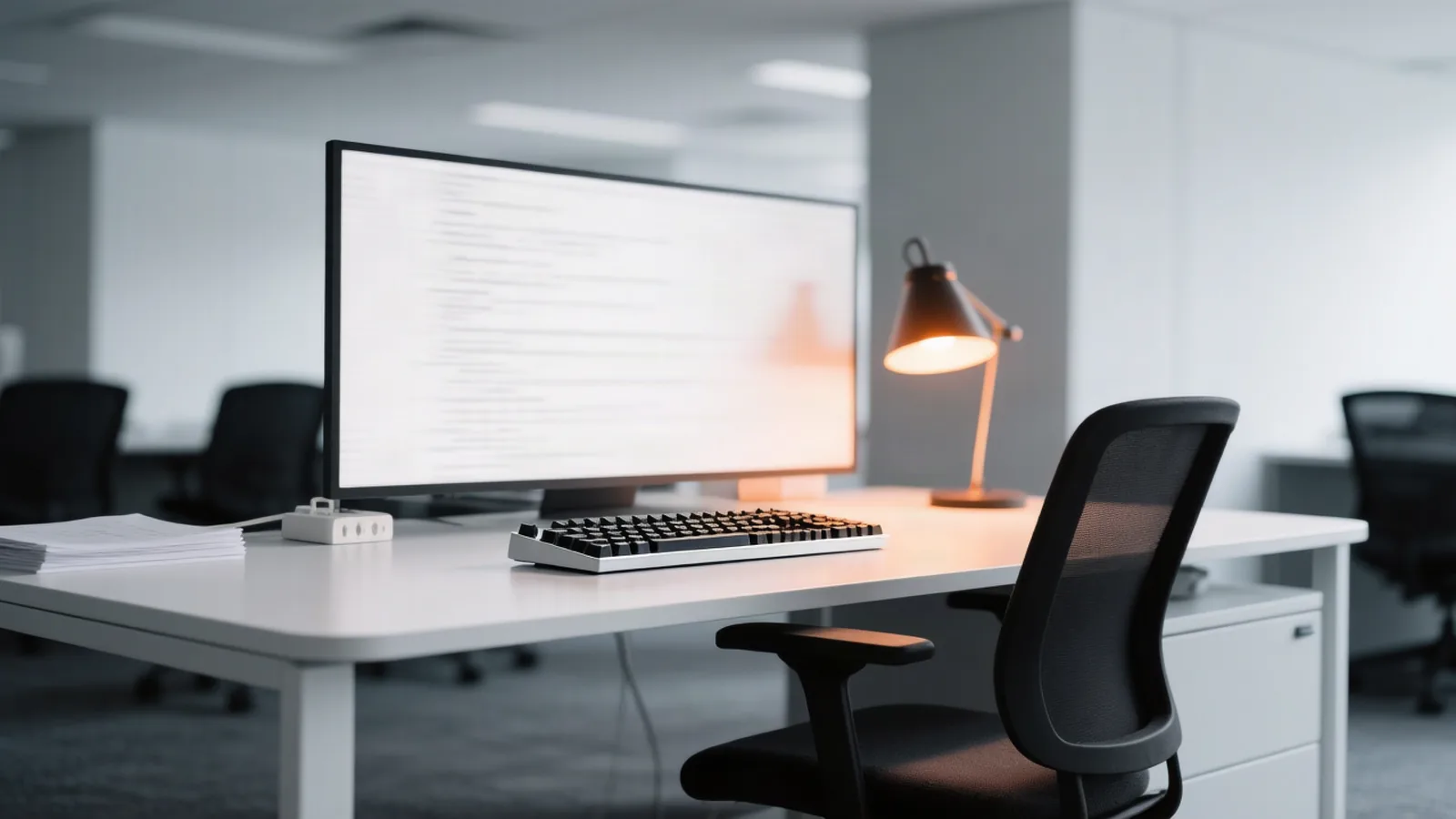 A single workstation with a mechanical keyboard and an amber desk lamp glowing in a dark after-hours office. Kyutai has open-sourced CADRE, causal-diffusion video autoencoders that let interactive world models run in real time on one GPU. Illustration: DeAI