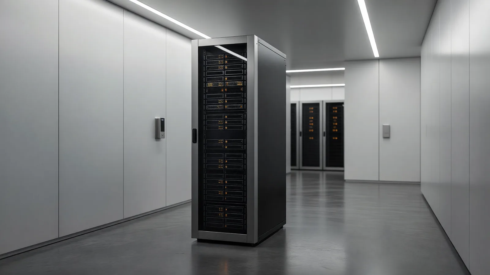 A single enterprise GPU server rack with amber status lights inside a private data center suite, the kind of in-house hardware Latham & Watkins is using to fine-tune open-weight models on its own legal data. Illustration: DeAI