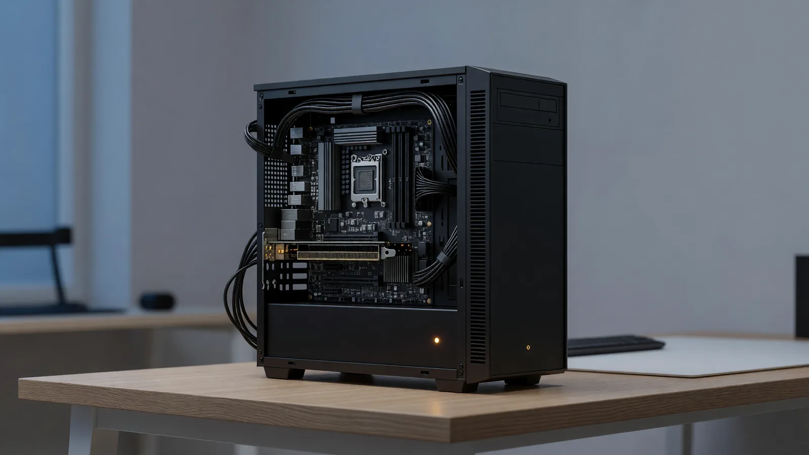 A single-GPU workstation tower on a builder's desk with its side panel off and one low-profile accelerator card seated, for the open-weighting of Laya, a 421M decision model challenging TypeSafe's closed Jev API. Illustration: DeAI