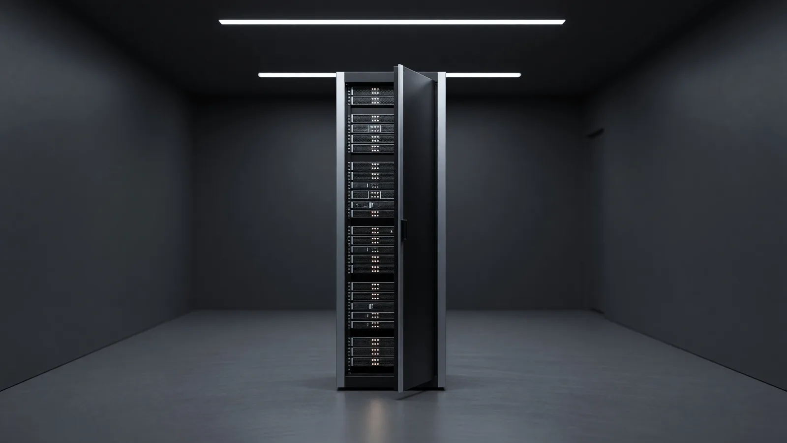A rack-mounted server enclosure in a dim datacenter corridor with one rack door ajar, for the actively exploited LiteLLM MCP auth bypass added to CISA's KEV catalog. Illustration: DeAI