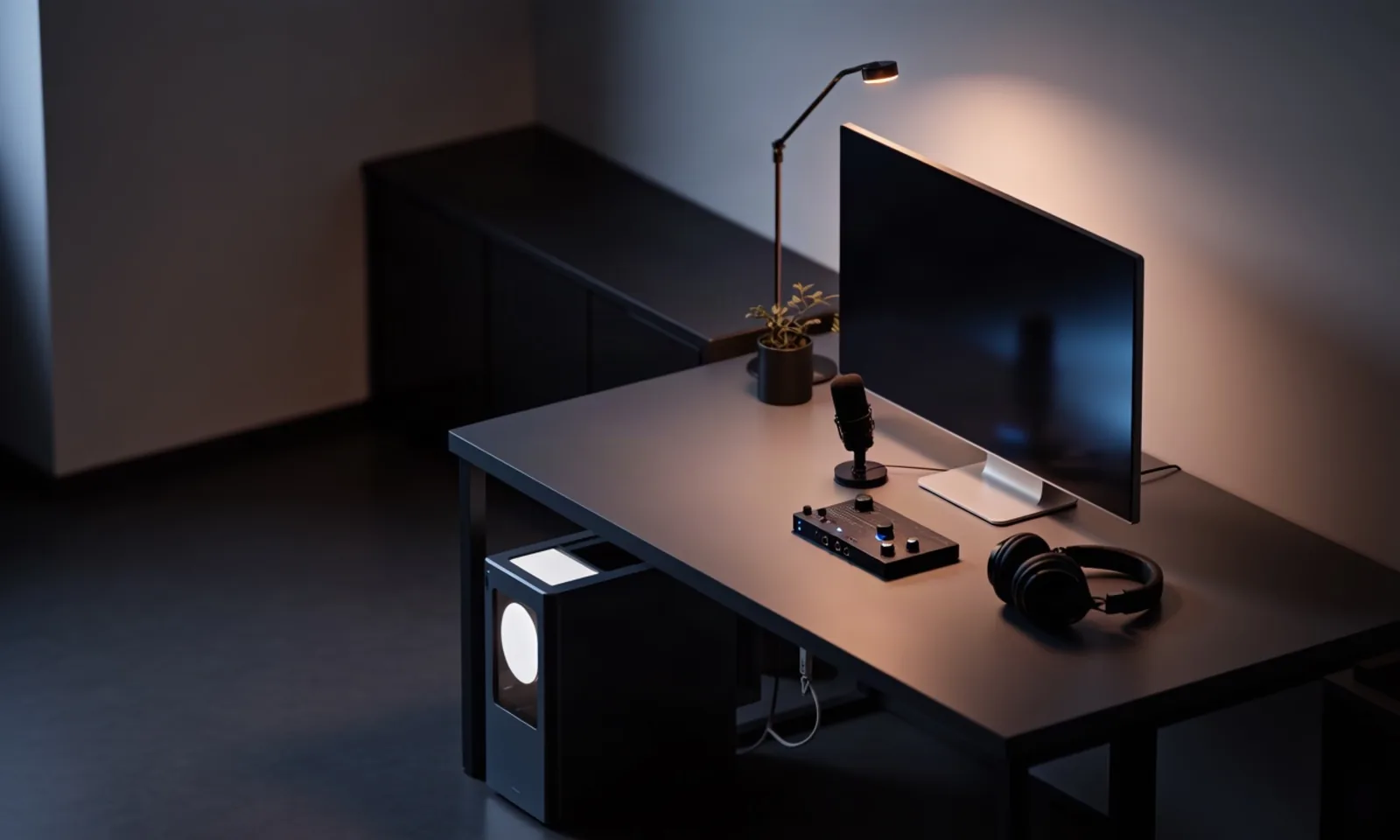 A home-office workstation at night with a studio microphone, audio interface, headphones and a desktop computer under the desk — the self-hosted voice stack Maya 2 Native targets. Illustration: DeAI