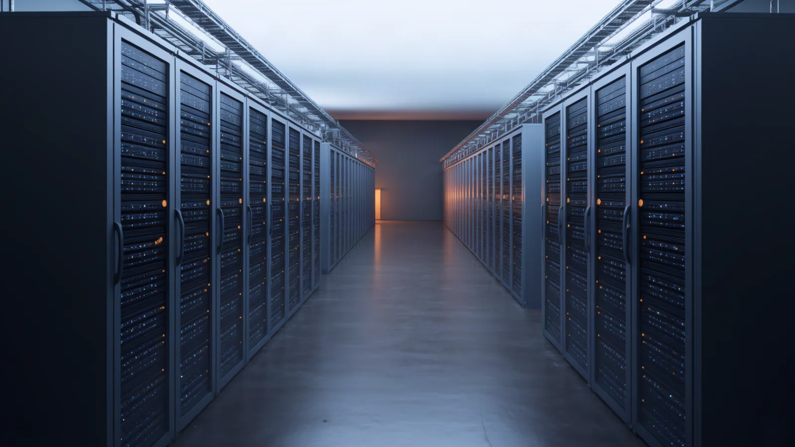 A row of full server racks receding into a dim datacenter hall, lit by a single amber aisle light. Meta's new Muse Wonder frontier models, trained at the gigawatt-scale Prometheus data center, ship with no public weights and per-task cost near triple their predecessor. Illustration: DeAI