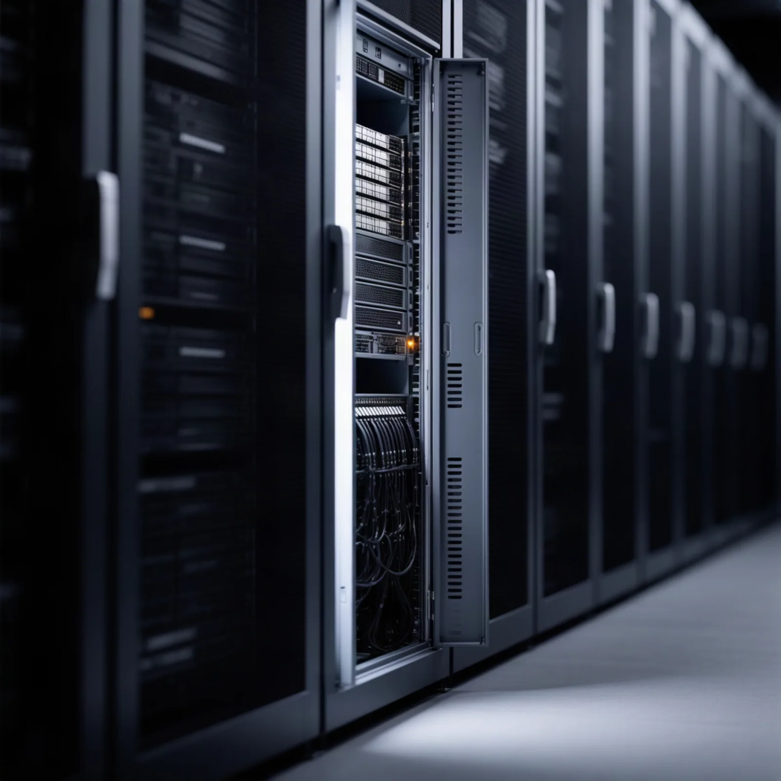 A server rack in a dim colocation aisle with its door open, showing GPU nodes, cabling and a single amber status LED — the hardware that now hosts MiniMax M3.1 Flash outside MiniMax's own fleet. Illustration: DeAI