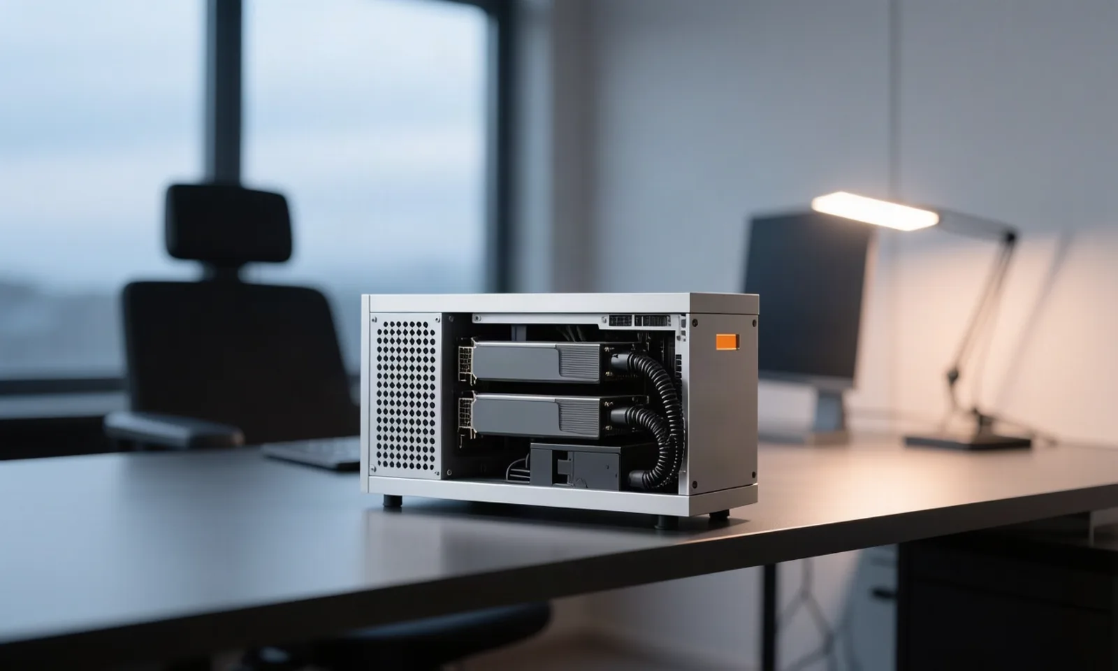 A single workstation with a terminal on screen in a quiet office, depicting a developer downloading and self-hosting trillion-parameter open weights, the subject of this article. Illustration: DeAI