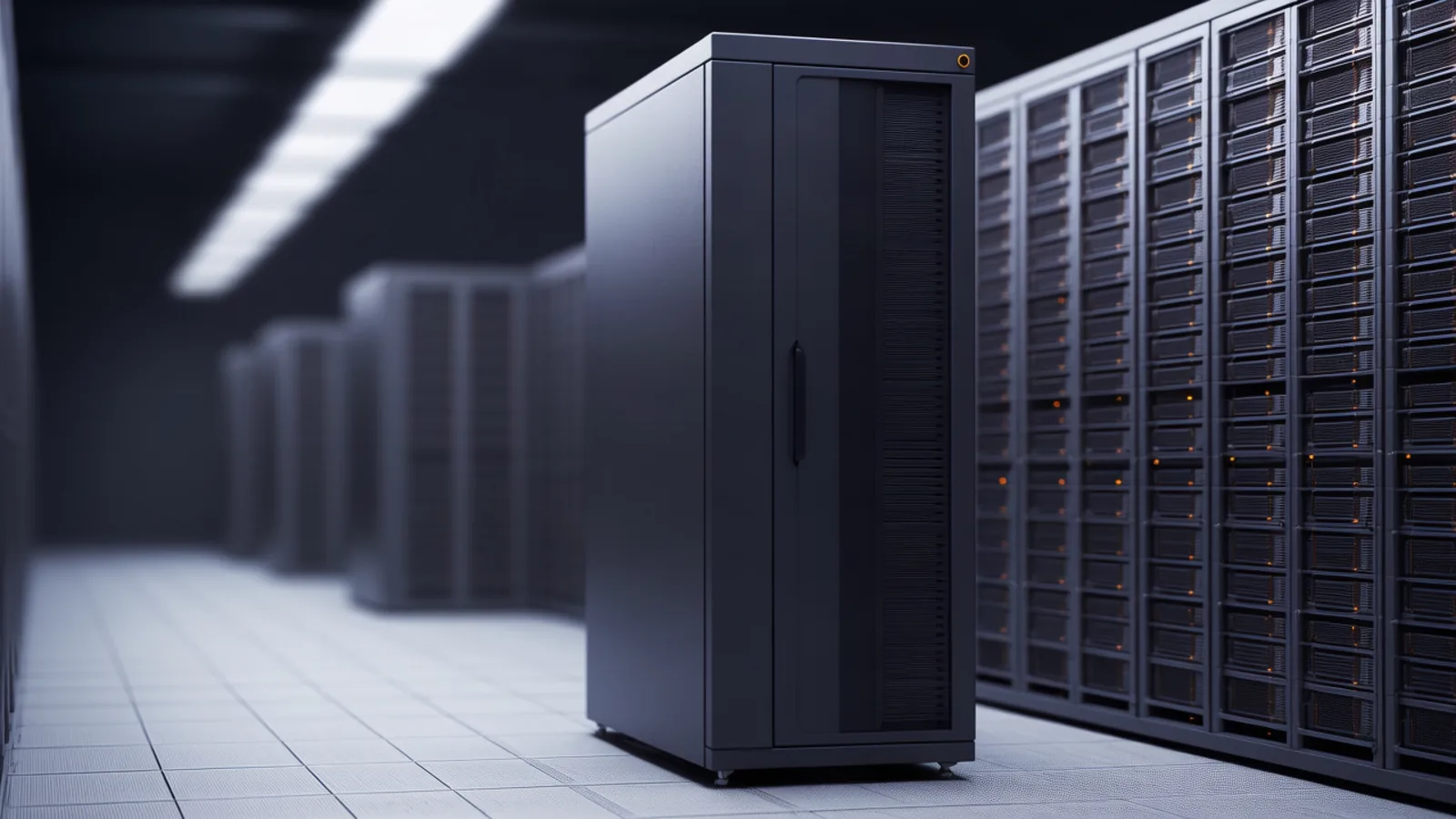 A single server rack in a cool, dim European data hall, a row of GPU nodes lit with one amber status light against dark metal panels — the hardware behind a trillion-parameter training run. Illustration: DeAI