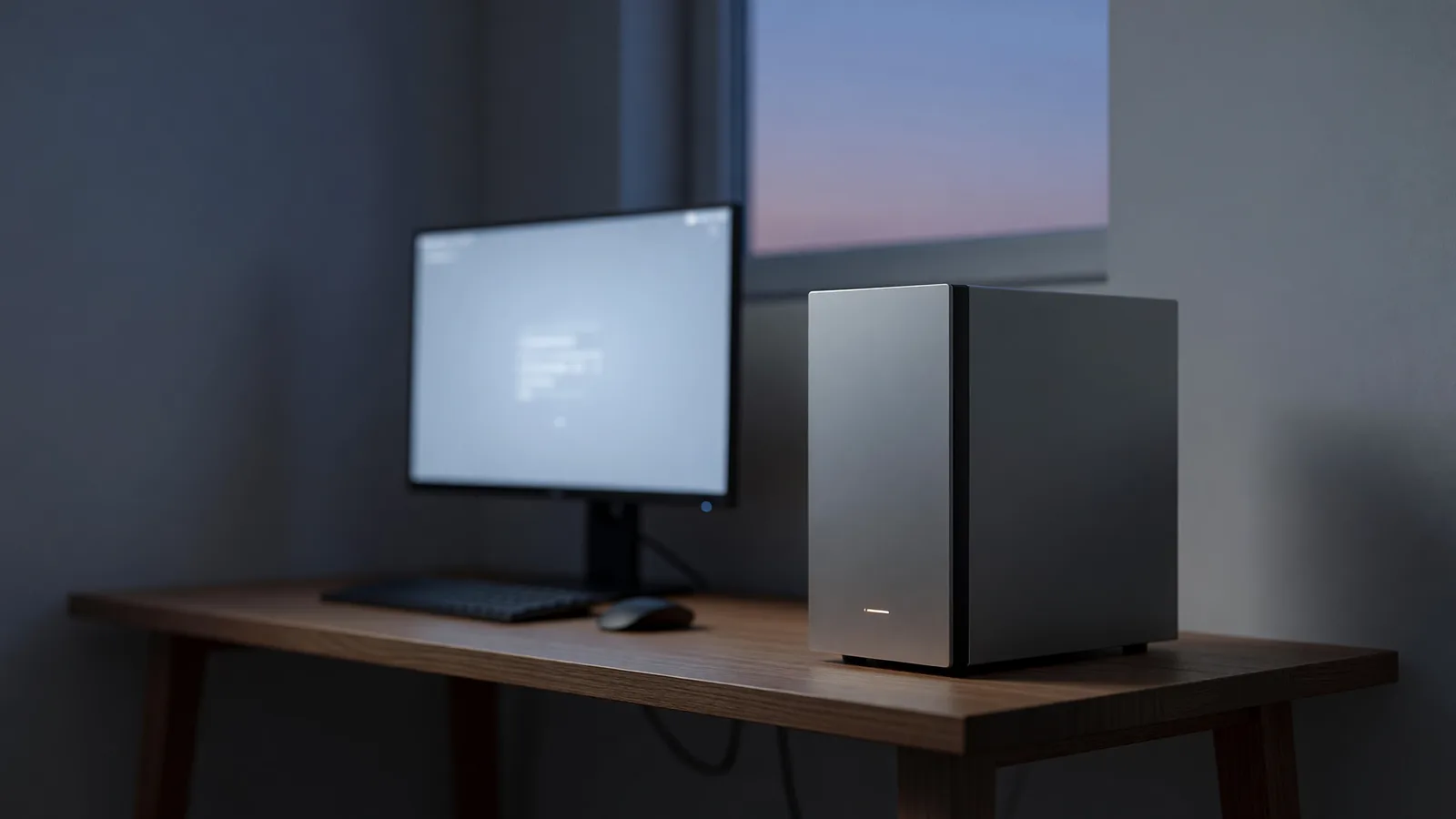 A compact home-office workstation with a single desktop tower, the kind of setup community builders use to run small open-weight models like Vambo AI's MORENA locally. Illustration: DeAI