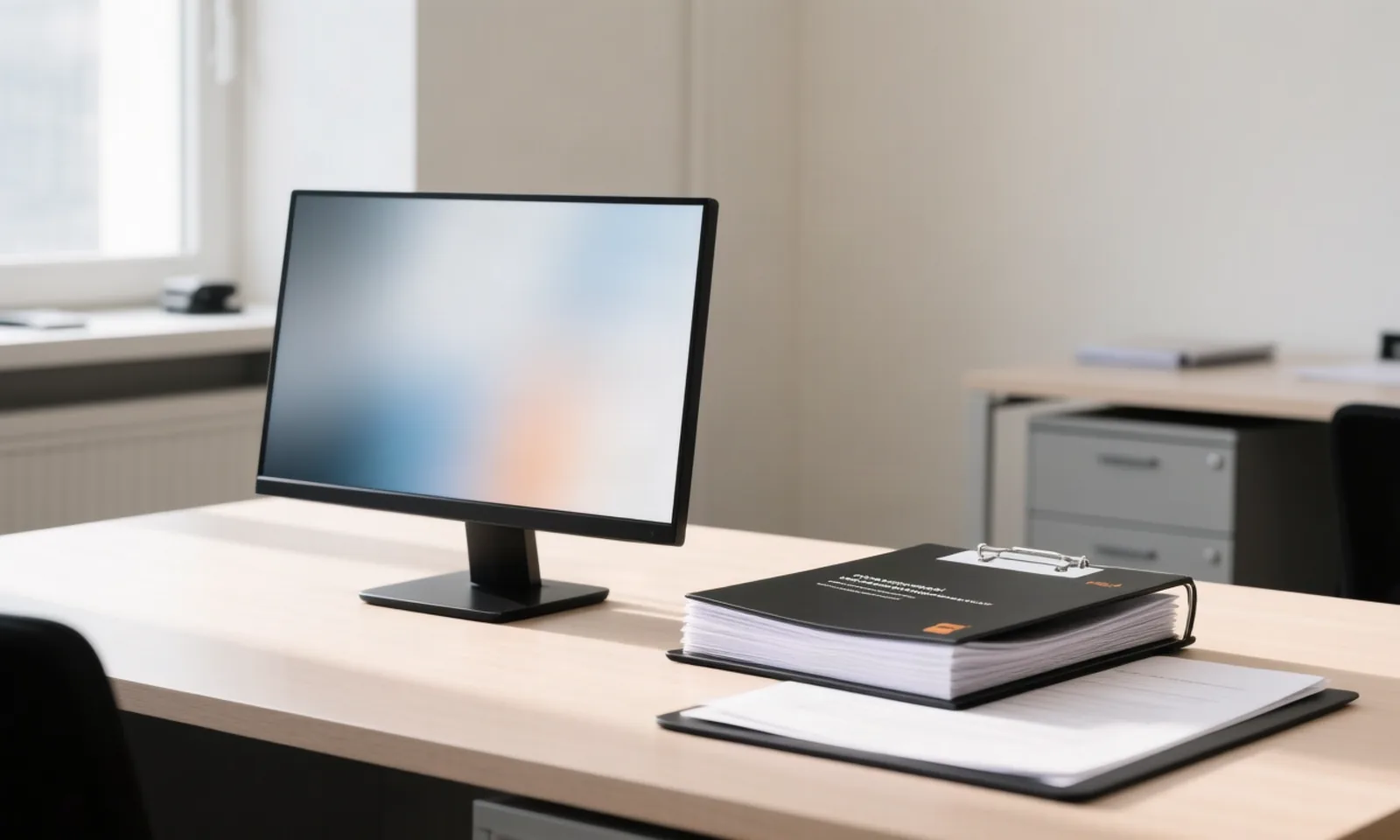 A workstation with a monitor showing only an abstract blur beside a closed binder on a desk. Mubit Labs' Banyan Sapling is an Apache 2.0 23B verification model that returns calibrated verdicts and often says unsure. Illustration: DeAI