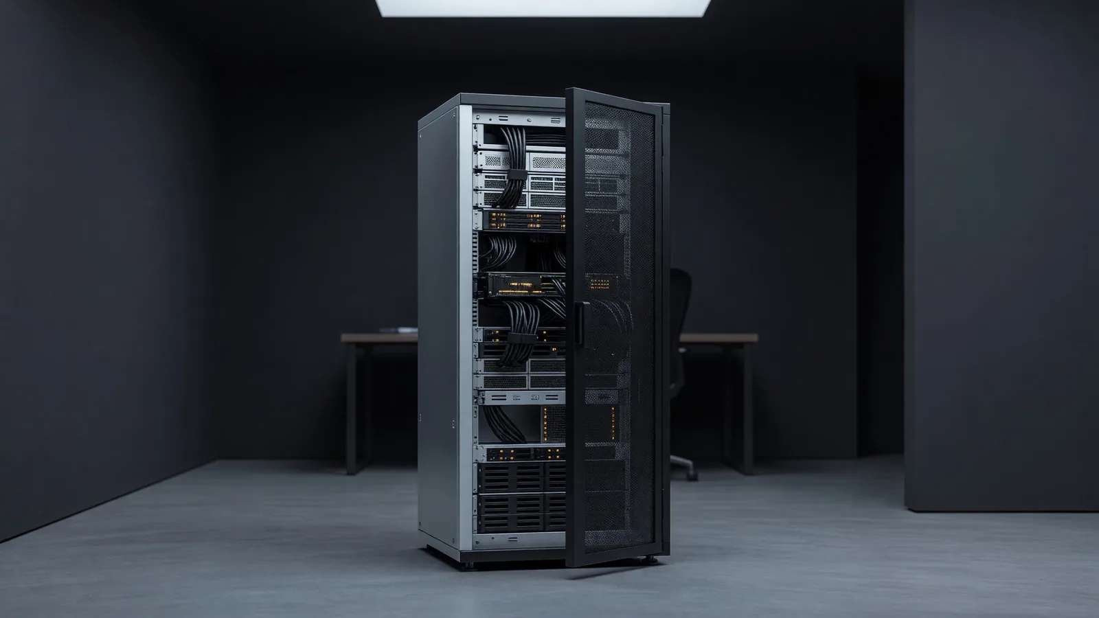 A single home-lab server cabinet with its mesh door unlatched, one GPU node's status lights glowing inside a dim home office — the unperimetered self-hosted AI deployment the census found answering the open internet. Illustration: DeAI