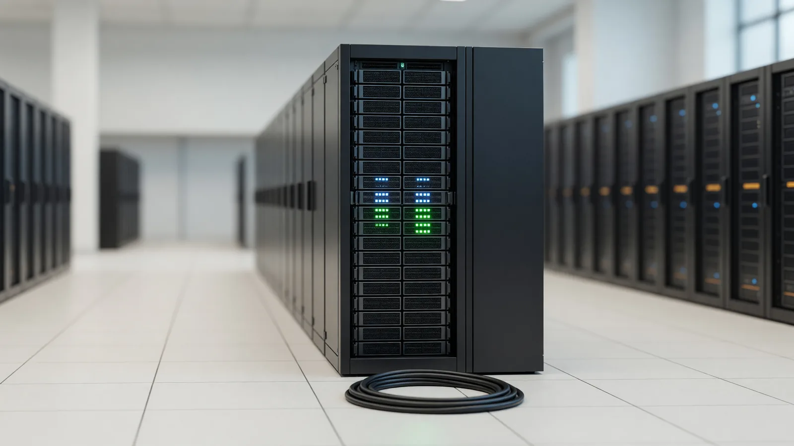 A GPU compute rack at the end of a datacenter aisle with status lights glowing and a spare cable coiled on the floor, standing in for a new 309B open-weight model that only multi-GPU self-hosters can run. Illustration: DeAI