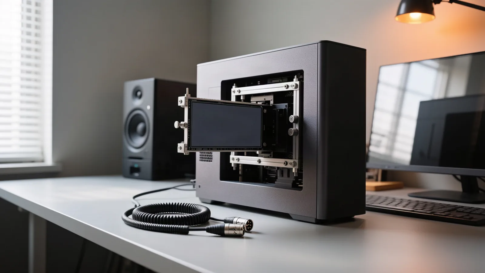 A desktop workstation with a large GPU card mounted in an open case and a coiled audio input cable on the desk, depicting open-weight speech transcription that runs on your own hardware. Illustration: DeAI