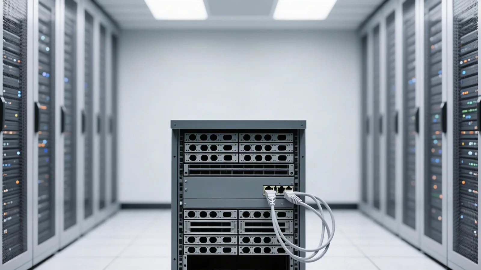 A single decommissioned server rack with empty drive bays and loosely coiled network cables stands in a plain datacenter hallway, for the mid-October wave in which Google, OpenAI, Microsoft Azure, and Snowflake retire hosted model endpoints within days of each other. Illustration: DeAI