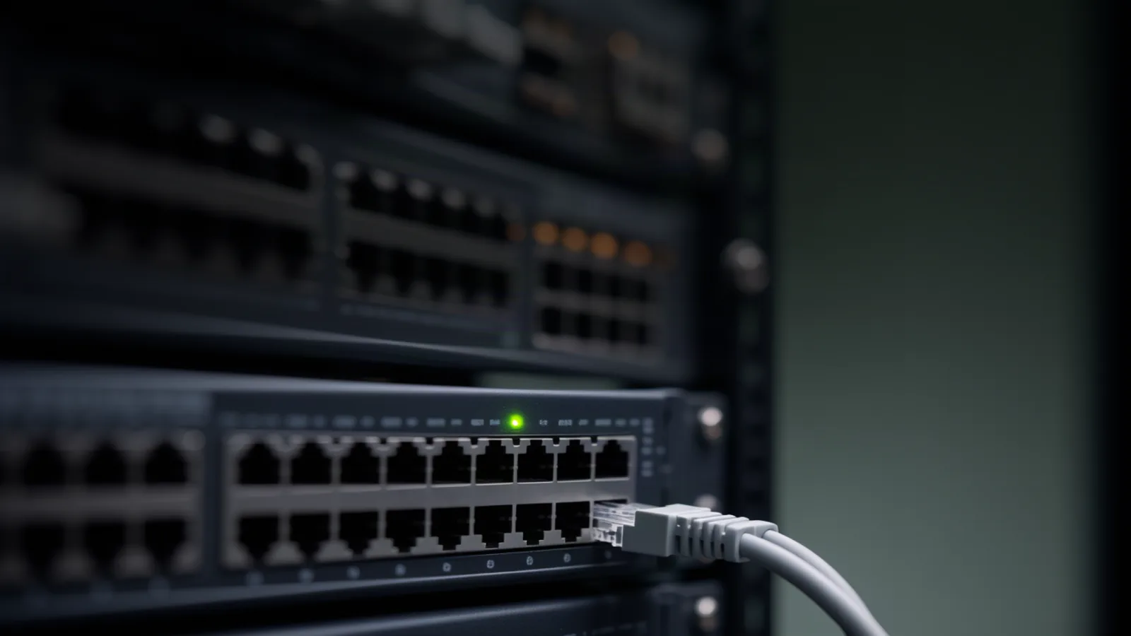 A single green status light glowing on a network switch faceplate among rows of dark ports, one ethernet cable plugged in. Decentralized providers listed Moonshot AI's Kimi K3.1 Pro within a day of launch, led by Surplus's 22-seller order book. Illustration: DeAI