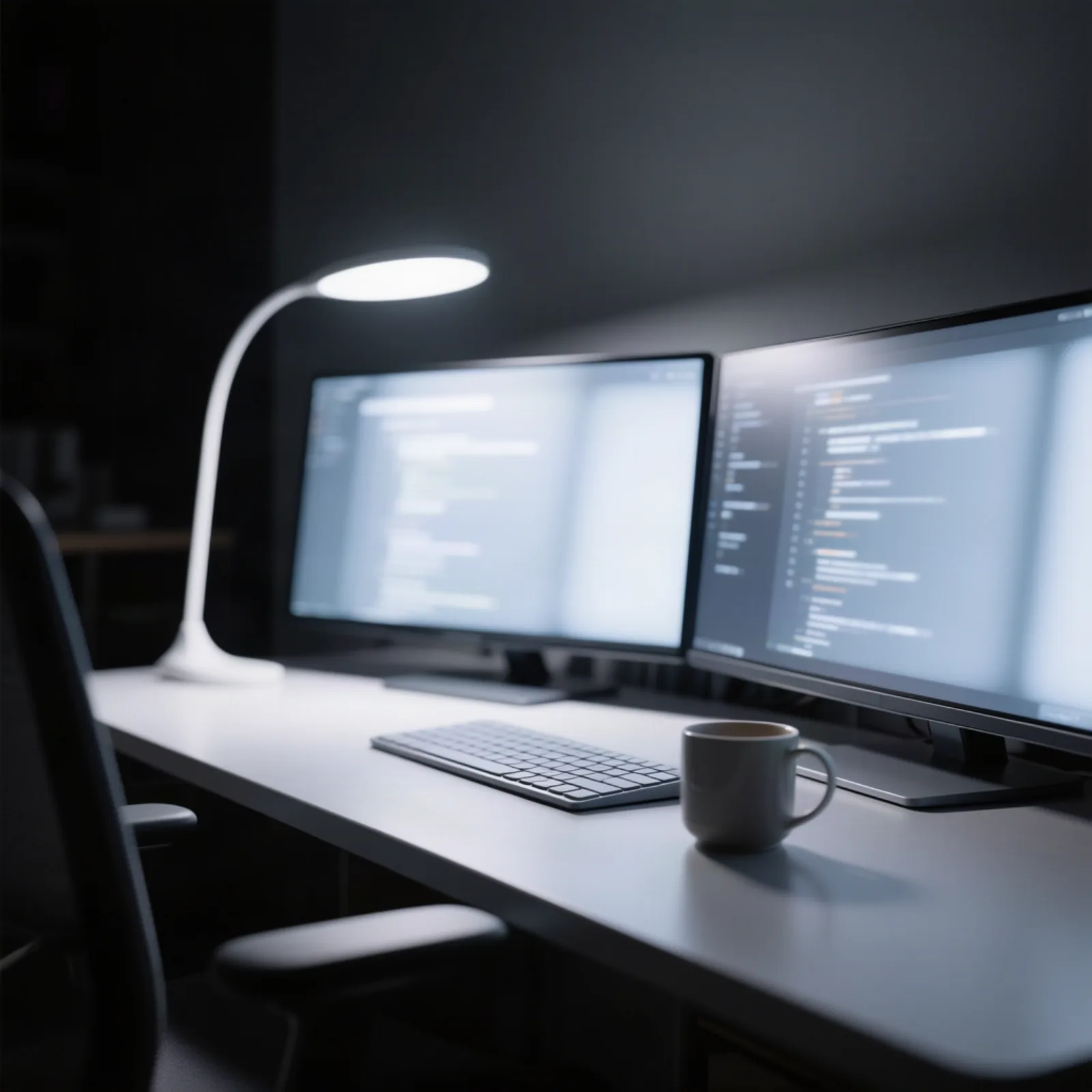 A developer workstation with two monitors showing only blurred, unreadable code, lit by one cool desk lamp in a dark room — the gap between a benchmark claim and a verified run. Illustration: DeAI