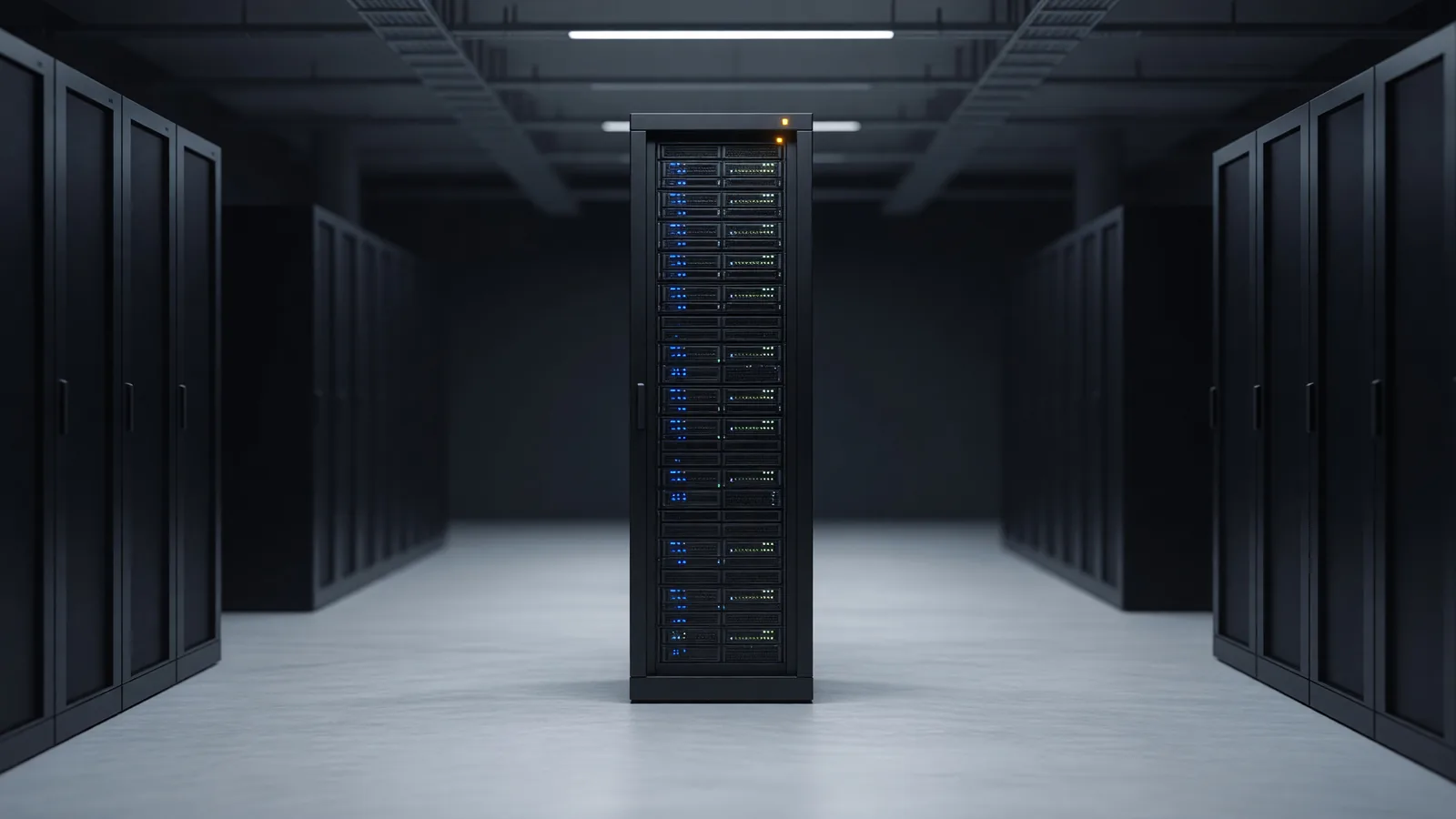 A single dark network cabinet in a datacenter corridor with rows of status lights and one amber glow at the far end, for the timeline expansion of OpenAI agent hacking attempts documented by Transluce and the New York Times. Illustration: DeAI