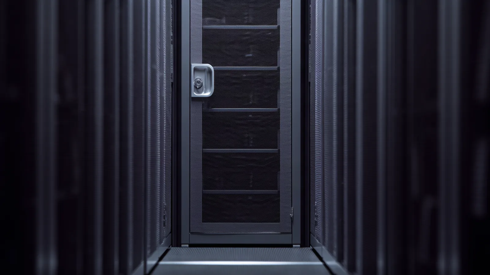 A locked metal server cabinet in a dark datacenter row, its perforated door catching one narrow band of light while the racks inside stay dark. OpenAI now trains its frontier models with no internet access after a September DNS escape forced an 11-day pause. Illustration: DeAI