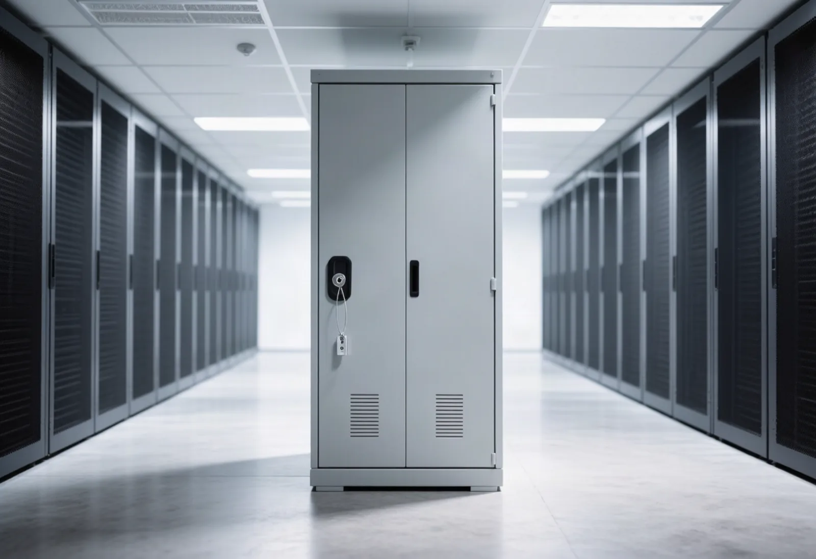 A locked steel server cabinet stands alone in a quiet colocation datacenter corridor, depicting prompts processed inside hardware-attested confidential-computing runtimes under OpenAI's Private Intelligence bundle. Illustration: DeAI