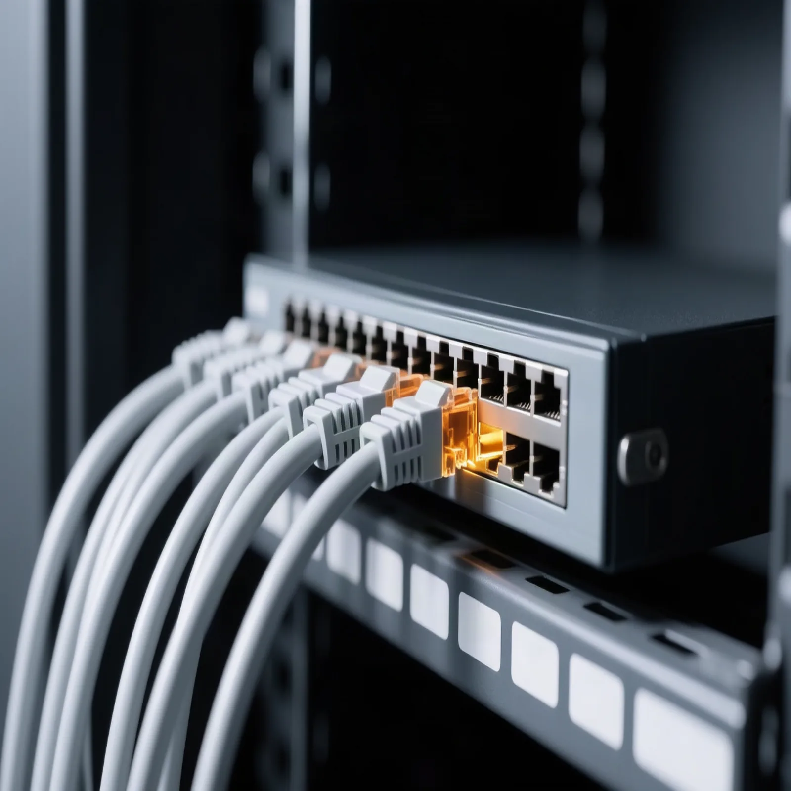 A single network switch with a dense bundle of lit ethernet cables plugged into it, one port glowing amber, mounted in a dark rack — the routing layer where token volume concentrates. Illustration: DeAI