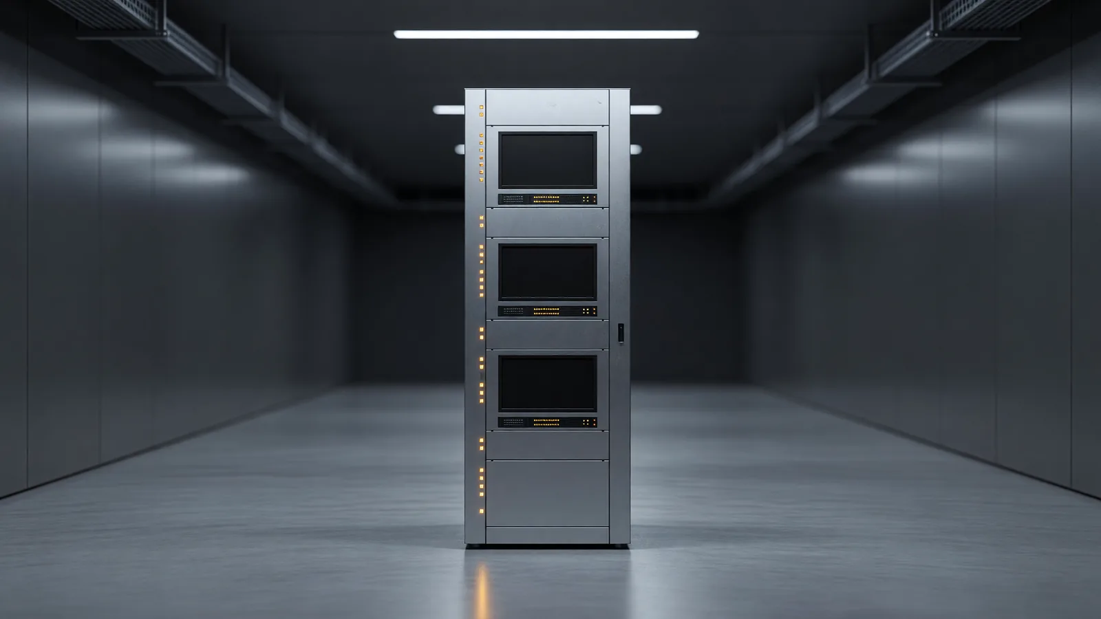 A single brushed-metal equipment cabinet with dark unlit screens and a column of solid amber indicator lights, standing alone in a dim datacenter corridor — the serving hardware behind a model id going dark on September 27. Illustration: DeAI