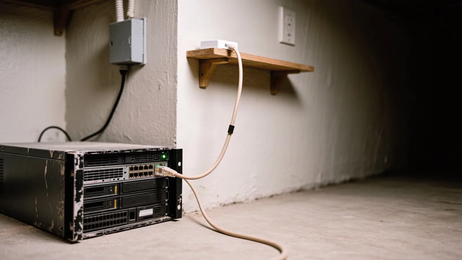 A scuffed rack server on a basement floor runs one Ethernet cable up to a consumer router on a wooden shelf, depicting the exposed self-hosted AI setups the PoeLLM botnet has been compromising by the thousands. Illustration: DeAI