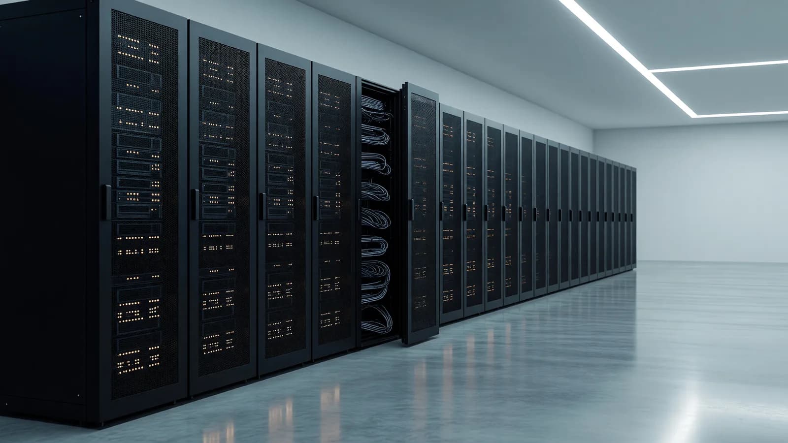 A row of server racks in a datacenter hot aisle, the infrastructure serving the DeepSeek and GLM endpoints whose list prices moved this week. Illustration: DeAI