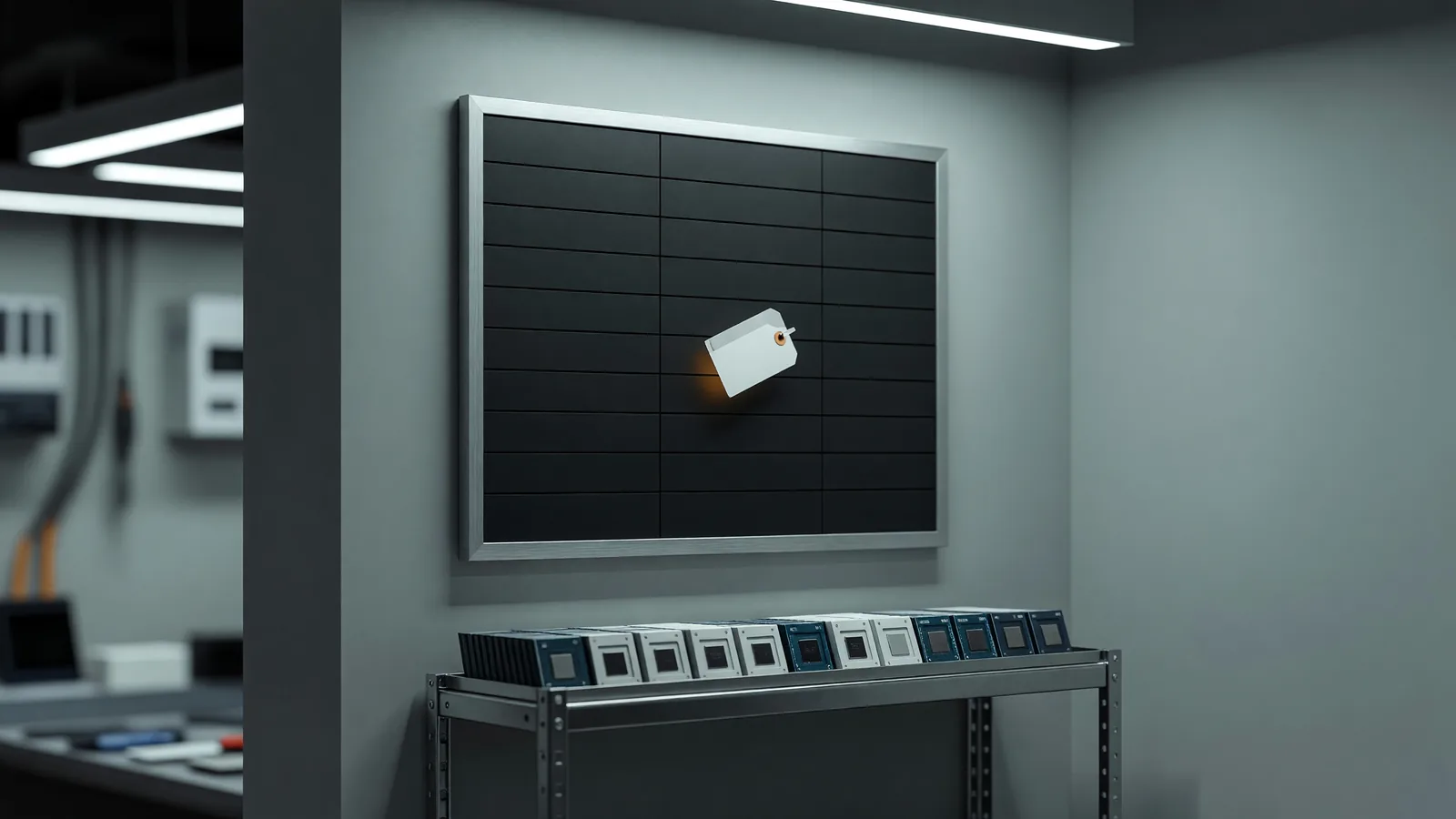 A blank wall-mounted price board above a shelf of boxed processors in a small electronics market, one price tag freshly re-pinned — the week's list-price moves across the open-model inference basket. Illustration: DeAI
