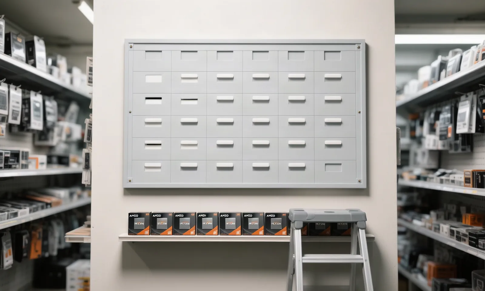 Two rows of price tags on a hardware-store pegboard, one tag flipped over showing a higher number on its reverse — the week's split between falling input and rising output list prices. Illustration: DeAI