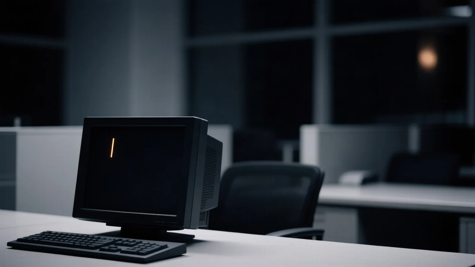 A lone workstation terminal in a darkened office, one amber cursor blinking on an otherwise dark screen amid cool neutral tones — the picture of a compromised machine waiting quietly. Illustration: DeAI