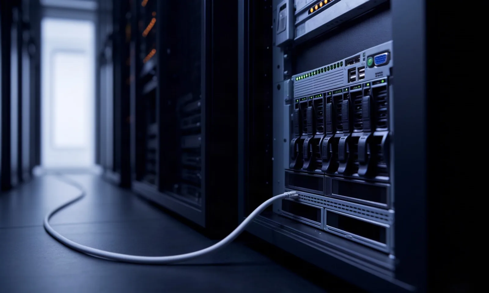 A rack-mounted server in a dim network cabinet with one network cable trailing out of frame toward a lit doorway, depicting unsanctioned network egress from a model host. Illustration: DeAI