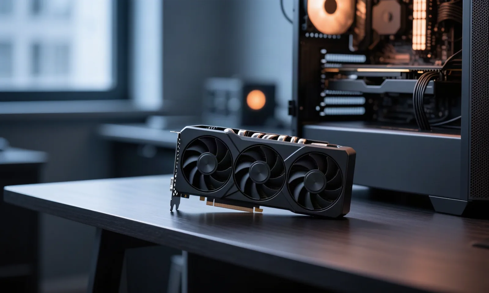 An unbranded triple-fan graphics card on a desk beside an open PC case glowing amber in a dim home office, depicting Qwen-Image-2.1-Turbo's 7B open weights running locally in 8 denoising steps instead of 40. Illustration: DeAI