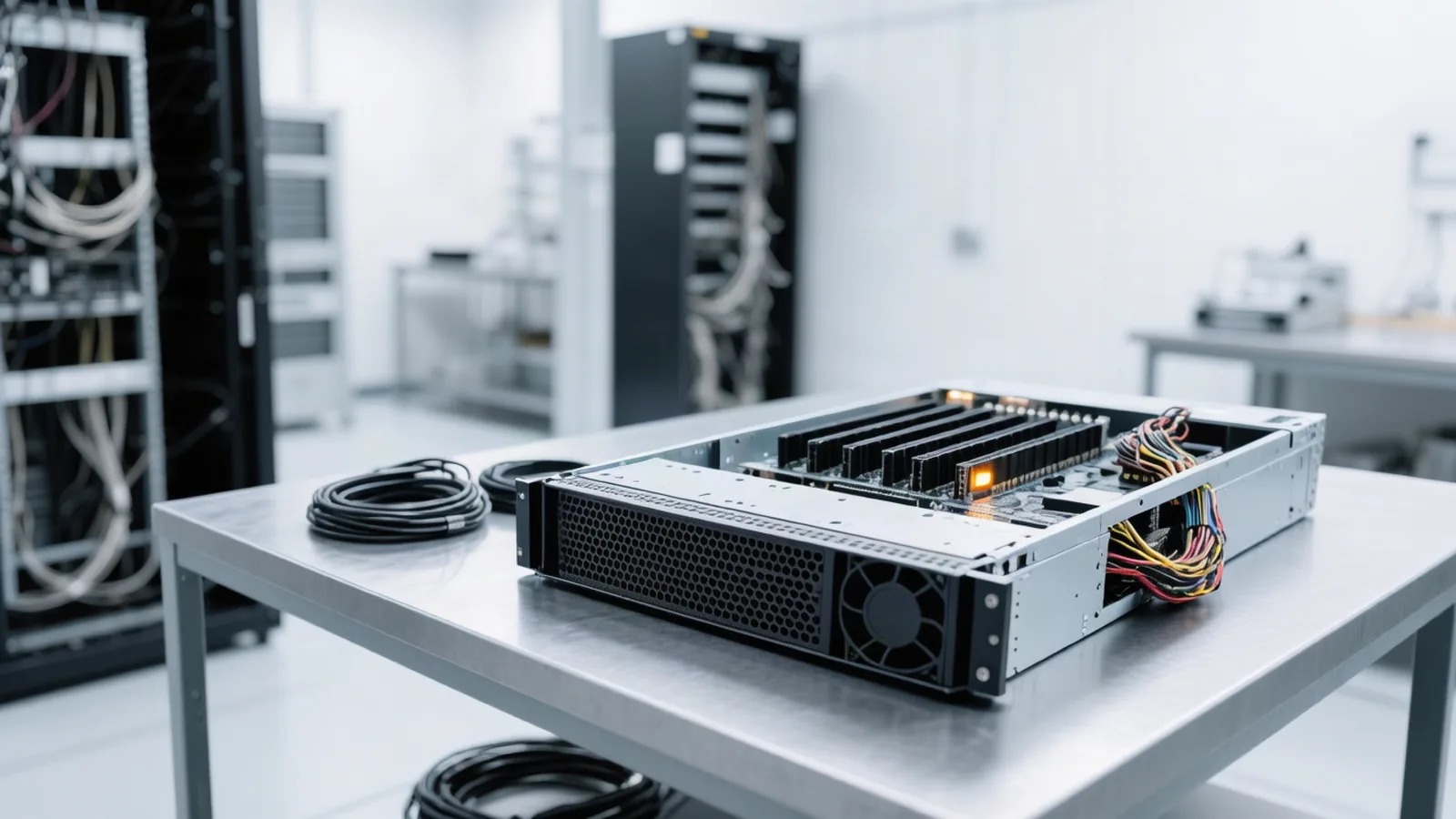 An unpopulated GPU server chassis with its side panel removed sits on a steel workbench in a datacenter staging room, empty memory slots visible and one amber status LED glowing, for Reflection AI's launch of Beam, a 501B-parameter open-weight model whose downloadable weights do not exist yet. Illustration: DeAI
