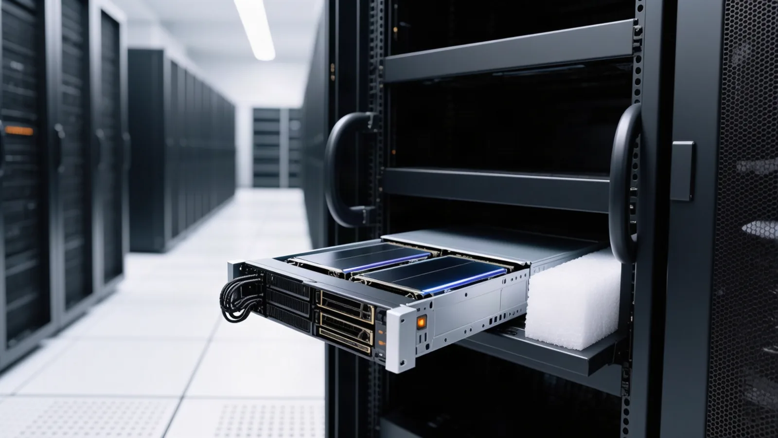 A new GPU server chassis sits half-slotted into an empty bay of a black server rack in a colocation aisle, packing foam beside it, for the Axios report that Nvidia-backed Reflection AI is preparing a frontier open-weight model to rival DeepSeek and Qwen. Illustration: DeAI