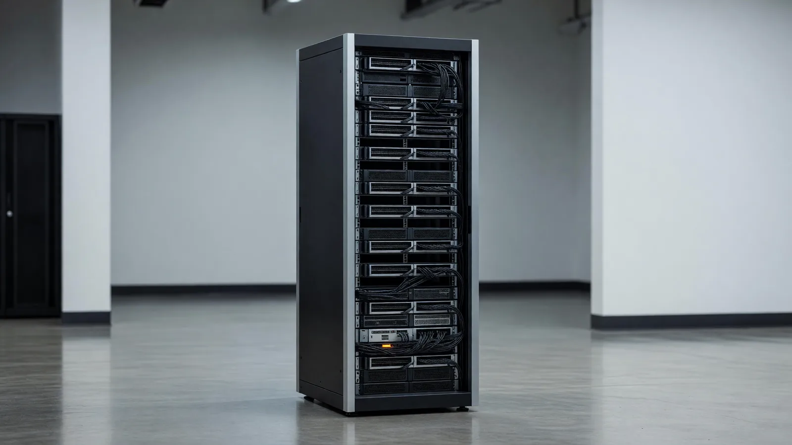 A populated GPU rack represents Reflection Beam's downloadable weights reaching serving infrastructure. Illustration: DeAI