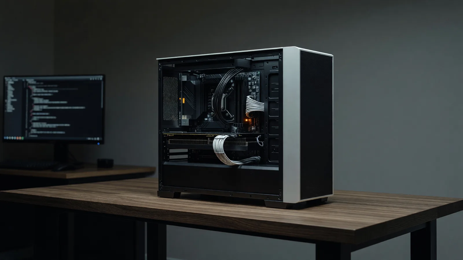 A single GPU workstation mid-build on a desk in a home office at night, side panel off and one amber LED glowing — the hardware behind running an open-weights model like DeepSeek V4 Flash on your own machine. Illustration: DeAI